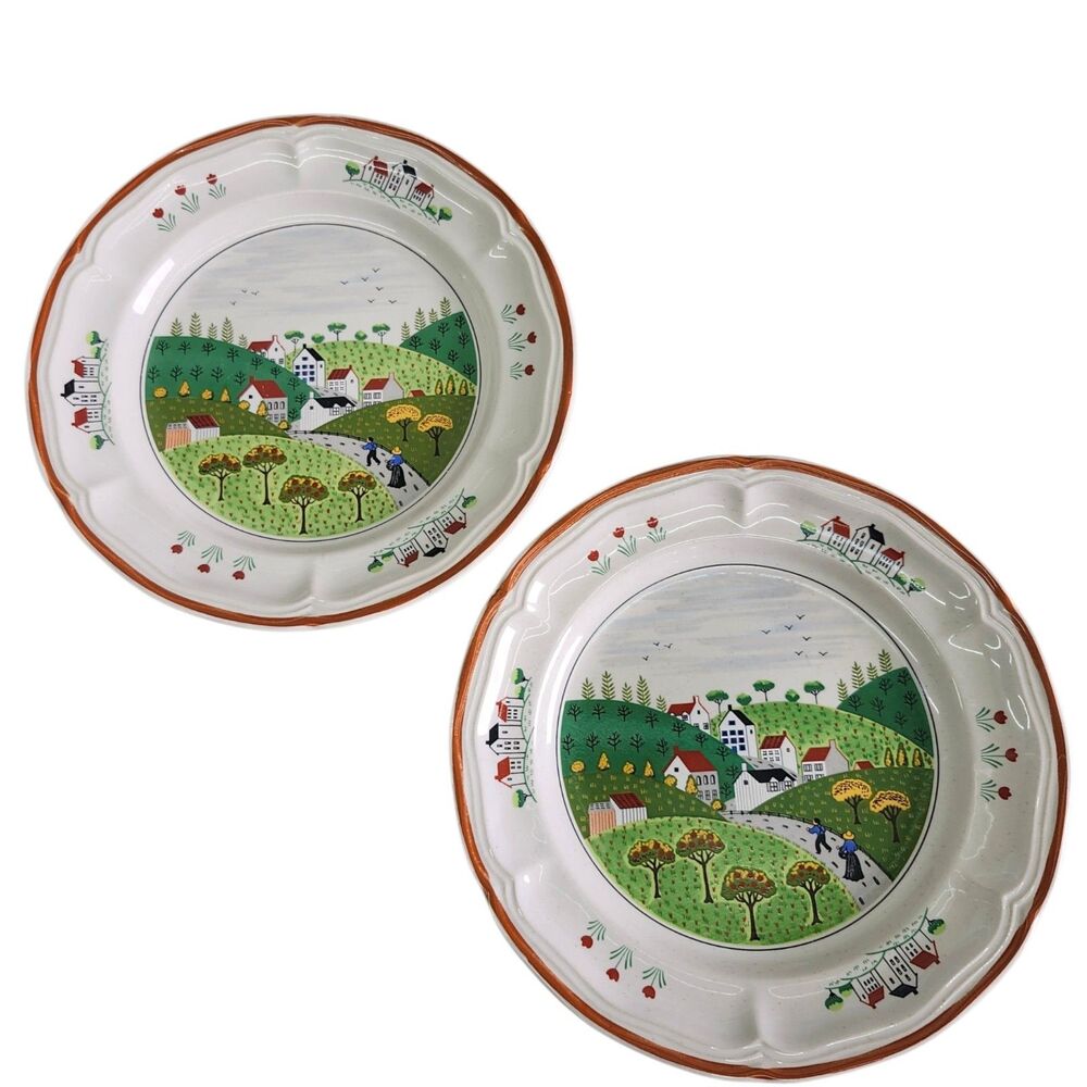Newcor Stoneware Country Village Set of 2 Dessert Plates 7.5" Japan Vintage 80s